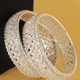 ZULKA Set Of 2 Silver-Plated Artificial Stones and Beads-Studded Kada Bangles image 3