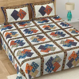 JAIPUR FABRIC Blue & Orange Geometric 180 TC Cotton King Bedsheet Set 2.28 m x 2.74 m-image-37