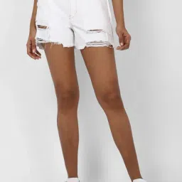 American Eagle Outfitters White Distressed Cotton Denim Shorts-image-77