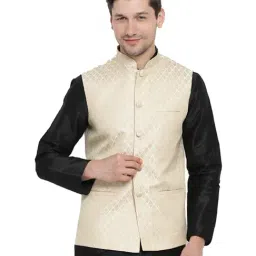 VASTRAMAY Beige Straight Fit Self Pattern Nehru Jacket-24