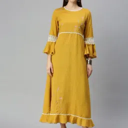 SHOWOFF Yellow Cotton Embroidered Calf Length A Line Kurta-image-87
