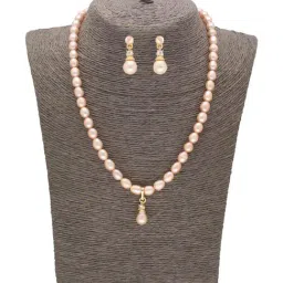 Sri Jagdamba Pearls Forever in Style Peach & Golden Necklace and Earring Set-29
