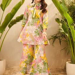 IMANA Floral Printed Pure Cotton Shirt Collared Top With Trousers Co-Ords-17