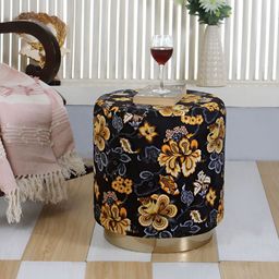Shadowkart Black & Yellow Printed Round Wooden & Velvet Pouffes Pedestal Ottoman-56