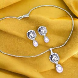 Rihi by P.C. Chandra Jewellers 925 Silver Floral Pearl Drop Chain Pendant & Earrings Set-image-67