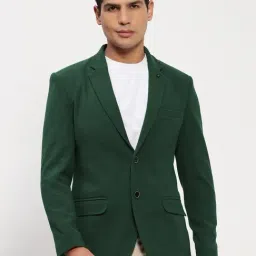 SHOW OFF Dark Green Cotton Slim Fit Solid Blazer-image-30