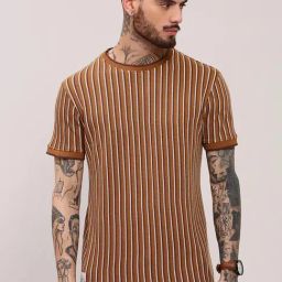Showoff Brown Cotton Slim Fit Stripes T-Shirt-image-82