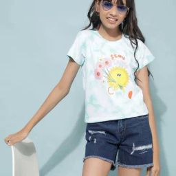 Crimsoune Club Girls Blue & White Cotton Graphic T-shirt-image-33