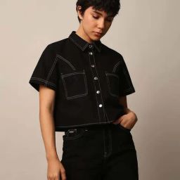 Only Black Contrast Stitch Cotton Shirt-image-65