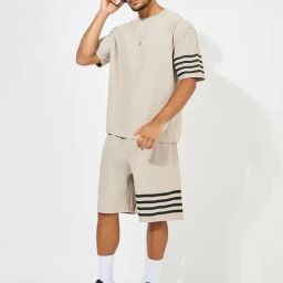 Styli Grey Relaxed Fit Striped Oversized T-Shirt & Shorts Set-image-54