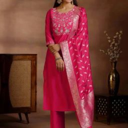 Libas Pink Embroidered Kurta & Pant Set With Dupatta-image-70
