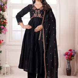KALINI Ethnic Motifs Embroidered V-Neck Anarkali Kurta With Palazzos And Dupatta-image-60