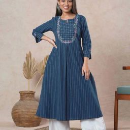 Kami Kubi Blue Cotton Embroidered Straight Kurta-image-84