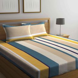 Aura Beige & Orange Striped 300 TC King Bedsheet with 2 Pillow Covers-image-60