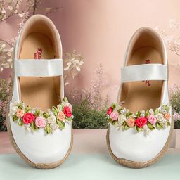 KazarMax Kids Girls Ballet Flat Ballerina Flower Embellished Peep Toes- White-image-56