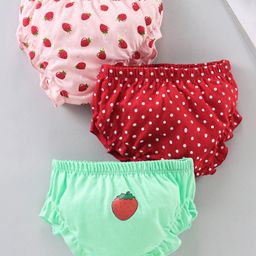 Babyhug Cotton Bloomers Polka Dot & Strawberry Printed Pack of 3 - Red Pink Green-image-1