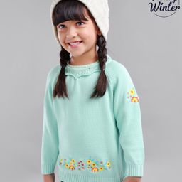 Babyoye Cotton Knit Full Sleeves Pullover Sweater Floral Embroidered Design - Honeydew-image-5