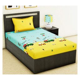 RRC Super Soft Brushed Microfiber Cotton Cartoon Print Single Bedsheet With 1 Pillow Cover  Yellow-16