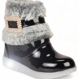 Lil Lollipop Stone Detailed Fur Embellished Glossy & Zipper Party Boots With Light - Black-image-91