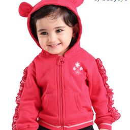 Babyoye Eco Conscious 100% Cotton Full Sleeves Floral Embroidery Hooded Sweat Jacket with Ear Applique - Dark Pink-image-33