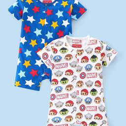 Babyhug Marvel Interlock Cotton Knit Half Sleeves Rompers Star & Avenger Print Pack of 2 - Multicolour-image-55