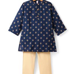 Babyhug Woven Full Sleeves Mandarin Collared Floral Foil Printed Kurta Pyjama Set - Navy Blue-image-21