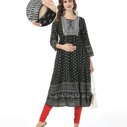 Bella Mama Three Fourth Sleeves Printed With Embroidered Yoke Maternity Kurta with Pocket - Black-picture-47