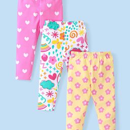 Babyhug Cotton Knit Full Length Leggings Floral & Heart Print Pack of 3  - Multicolour-image-98