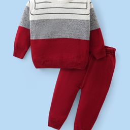 Babyhug Knit Full Sleeves Sweater Set with Colour Block Design - Red & Off White-picture-19