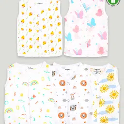 Kidbea Cotton Muslin Pack Of 5 Sleeveless Animals & Sunflowers Assorted Print Jhablas - Pink Blue & White-picture-0