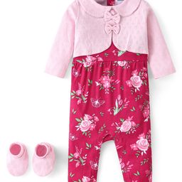 Babyhug 100% Cotton Knit Full Sleeves Romper & Pair of Booties Floral Print - Multicolour-image-29