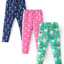 Babyhug Cotton Lycra Knit Full Length Stretchable Leggings with Polka Dots & Floral Print Pack of 3 - Multicolour-image-92