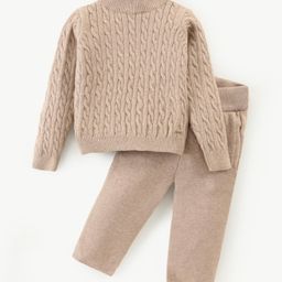 Yellow Apple Knitted Full SleevesCable Knit Designed Sweater Set - Tan-image-29