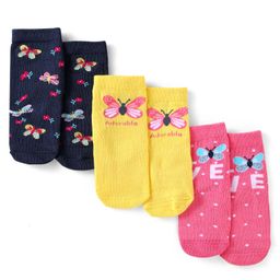 Cutewalk by Babyhug Non Terry Knit Anti-bacterial Ankle Length Socks With Butterfly Design Pack of 3 - Yellow Black & Pink-image-58