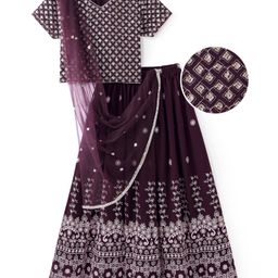 Pine Kids Woven Half Sleeves Sequin Embroidered Choli Lehenga Set with Dupatta - Wine-image-98