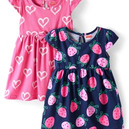 Babyhug Single Jersey Knit Half Cap Sleeves Dresses With Fruit & Heart Print Pack of 2 - Navy Blue & Pink-image-89