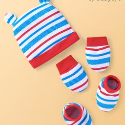 Babyoye100% Cotton Knit Cap Mitten & Booties with Stripes Red & Blue - Diameter 10 cm-image-52