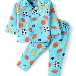 Babyhug Cotton Knit Full Sleeves Night Suit With Sports Theme Print - Light Blue-picture-41