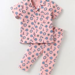 CUCUMBER Sinker Knit Half Sleeves Night Suit with Nautical Theme Print - Pink-image-2