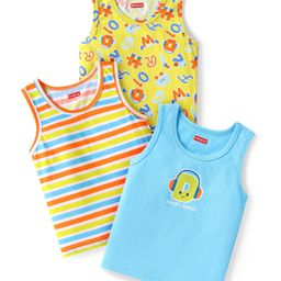 Babyhug 100% Cotton Knit Sleeveless Sando Vests With Stripes & Alphabet Print Pack of 3 - Blue & Yellow-image-19