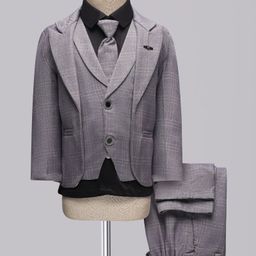 Rikidoos Full Sleeves Solid & Checked 4 Piece Party Suit With Tie - Grey-image-45