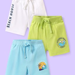 Babyhug Cotton Knit Mid Thigh Length Shorts with Beach Theme Print Pack of 3 - White Light Blue & Green-image-26
