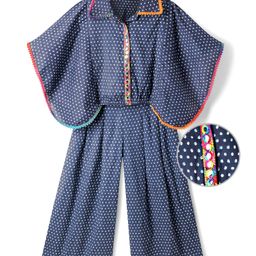 EARTHY TOUCH Cotton Woven Half Flutter Sleeves Polka Dots PrintedIndo Western Set - Navy Blue-image-45