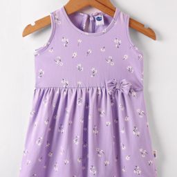 Teddy Sinker Knit Sleeveless Floral Printed Frock with Bow Applique - Mauve-image-24