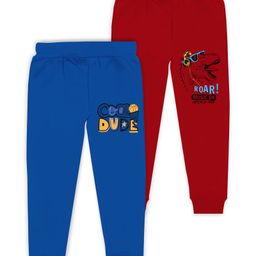 J&JP Cotton Looper Pack Of 2 Cool Dude Text & Dinosaur Printed Track Pants - Blue & Red-image-44