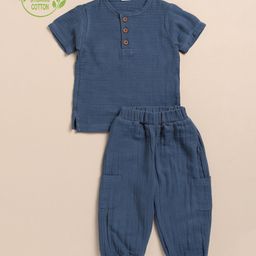 Cot & Candy Organic Cotton Half Sleeves Solid Tee & Lounge Pant Set - Navy Blue-image-79