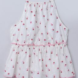Taffykids Cotton Blend Sleeveless Floral Printed Halter Neck Detailed Peplum Top - White-image-84