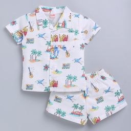 Snuggly MONKEY Poplin Half Sleeves Beach Theme Printed Shirt & Coordinating Shorts Set - White-image-21