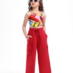 Ollington St. Cotton Lycra Sleeveless Printed Top & Knit Track Pant Set - Red-image-80