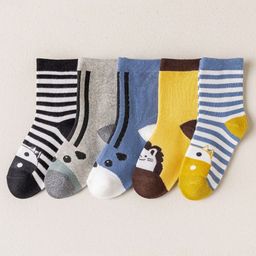 Kidofash Cotton Pack Of 5 Animals Printed & Striped Socks - Black-image-63